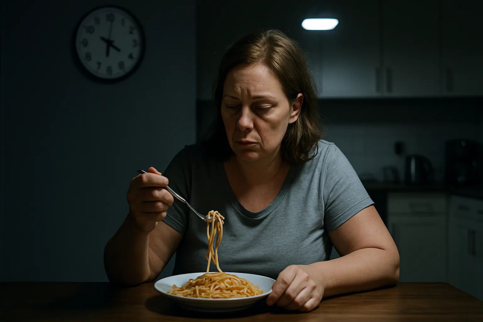 Mulher comendo jantar tarde da noite sozinha na cozinha, demonstrando desregulação do ciclo circadiano por alimentação fora de horário