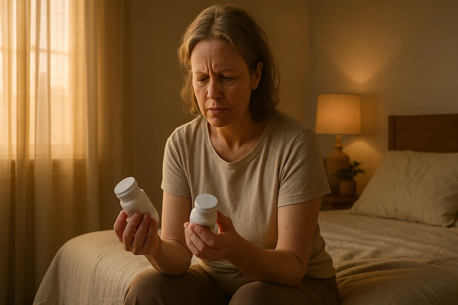 Pessoa em momento de confusão segurando diferentes medicamentos, representando a incerteza sobre qual tratamento hormonal seguir durante transições como menopausa ou andropausa