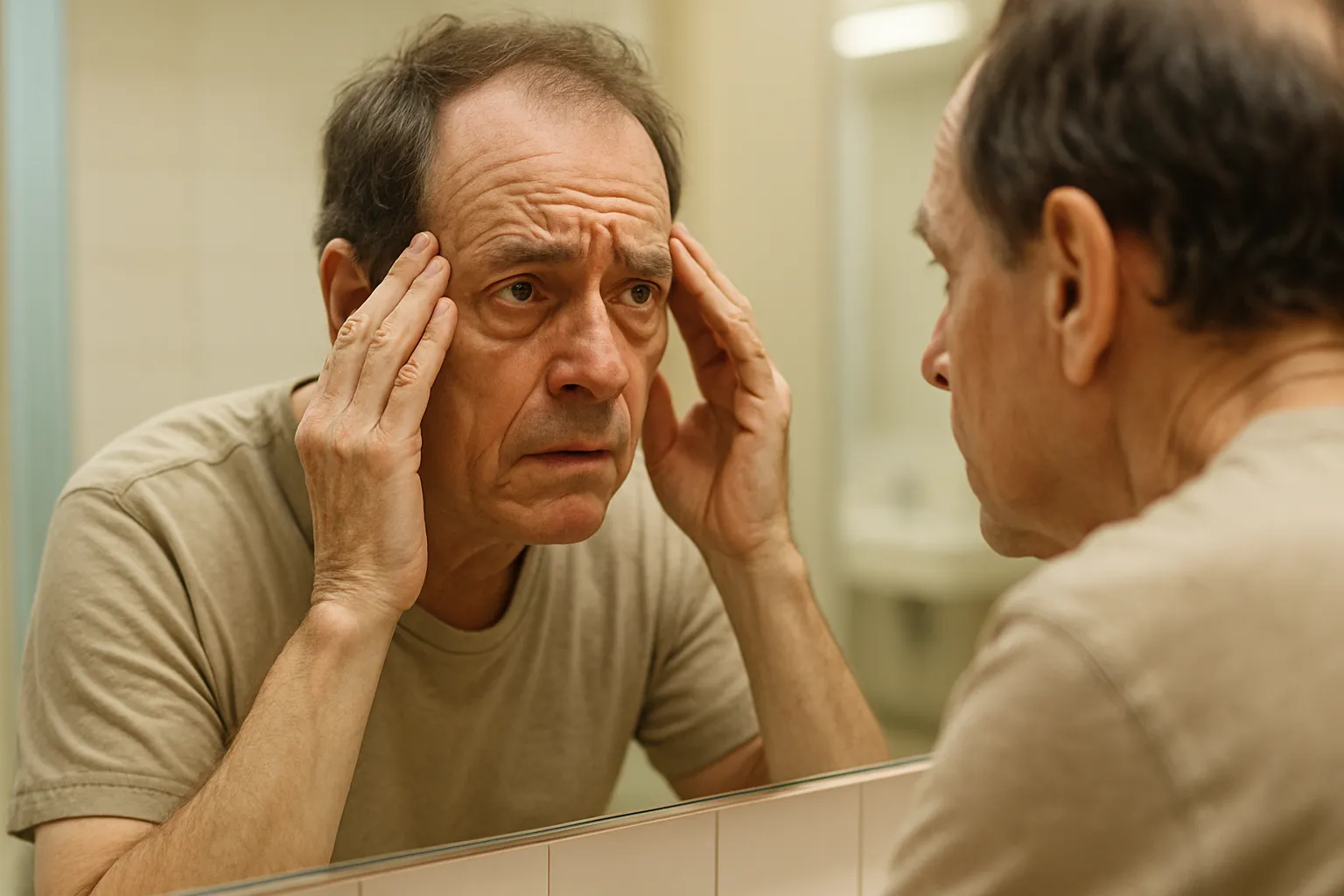 Pessoa de meia-idade observando sinais de envelhecimento acelerado no espelho, representando preocupação com senescência celular