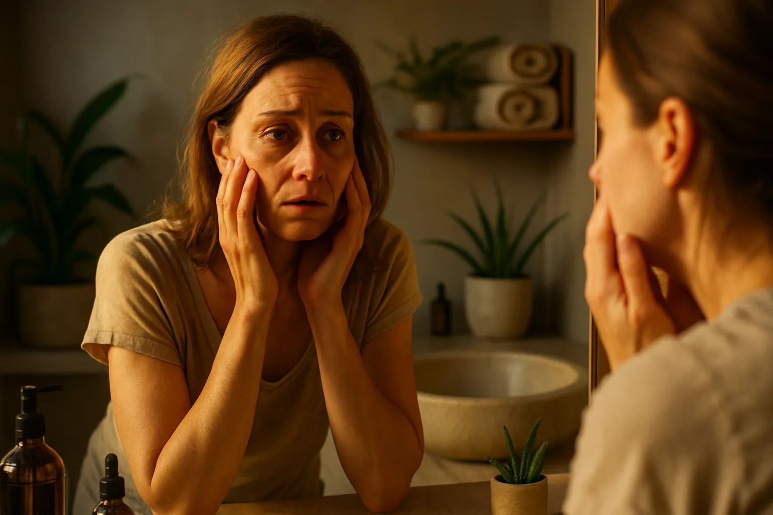 Mulher preocupada observando sinais de envelhecimento precoce no espelho, mostrando fadiga crônica e perda de vitalidade