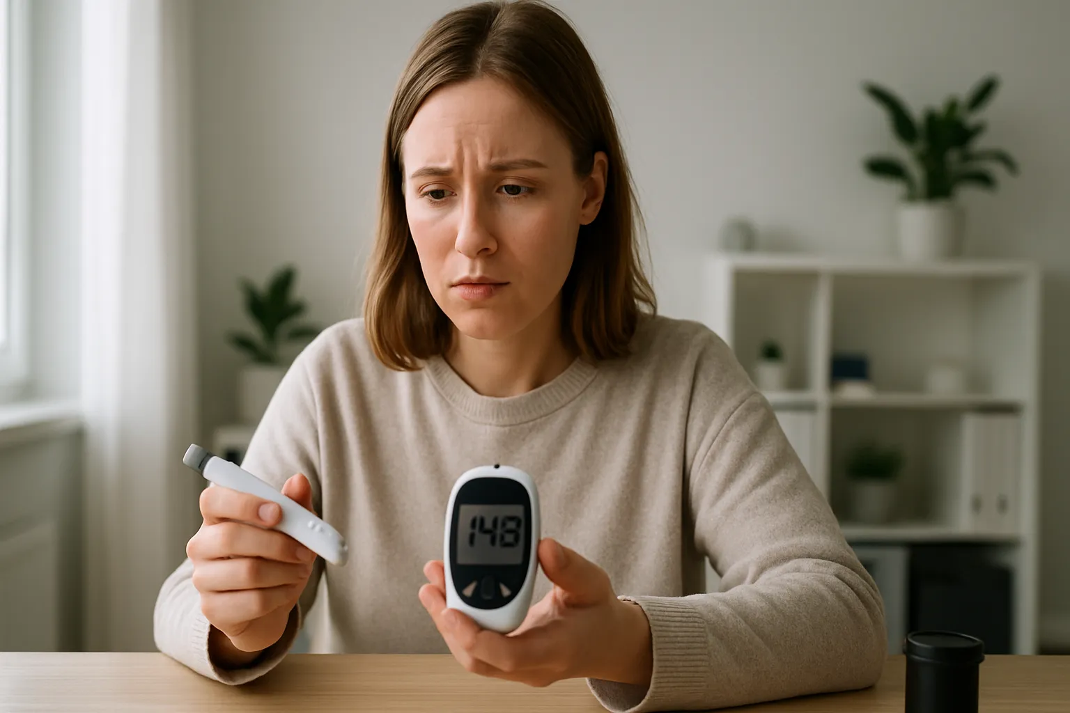 Pessoa em casa verificando resultado de glicemia no glicosímetro durante rotina matinal, representando a detecção precoce de pré-diabetes