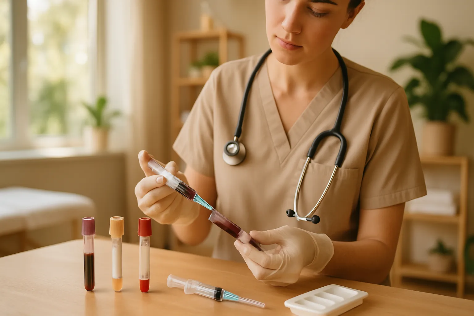Profissional de saúde preparando coleta de sangue especializada para medir testosterona livre e SHBG, demonstrando a importância de exames hormonais completos além da testosterona total