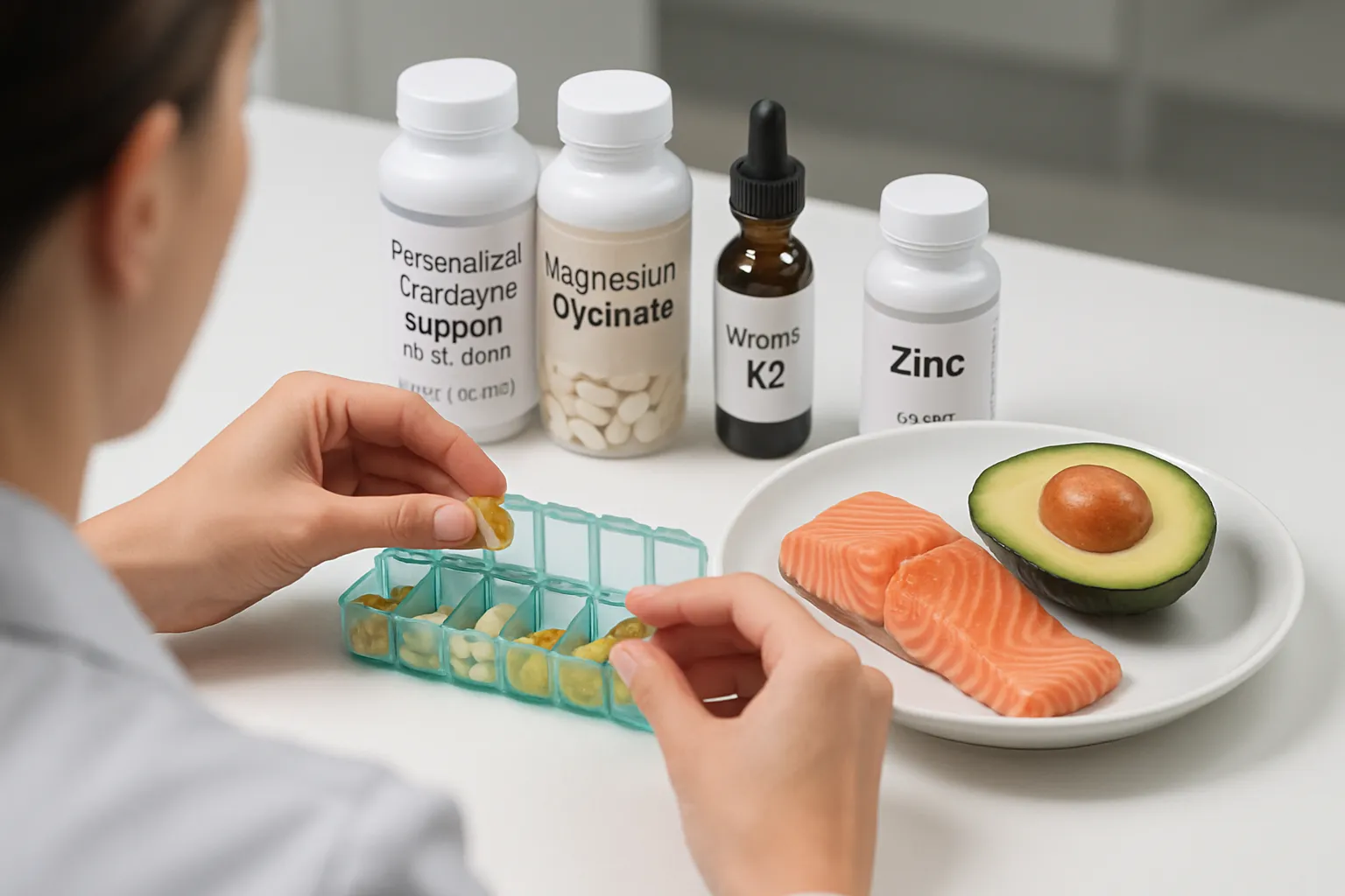 Profissional preparando protocolo personalizado de suplementação com vitamina D e cofatores para equilíbrio hormonal