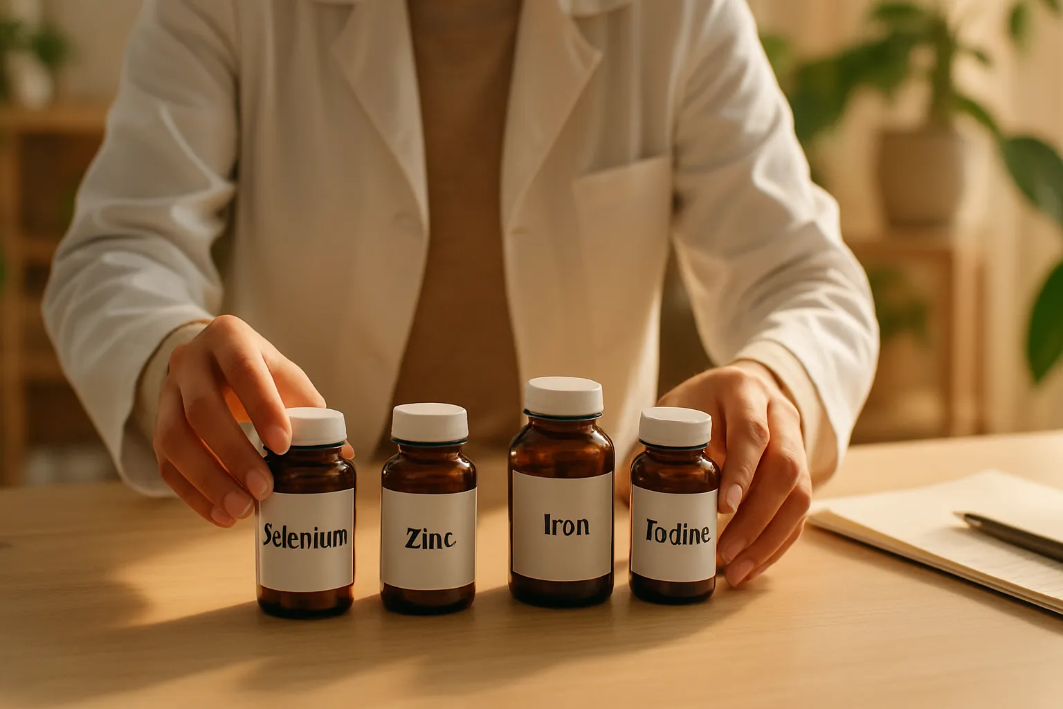Profissional de medicina integrativa preparando protocolo personalizado mostrando sinergia entre selênio, zinco, ferro e iodo para tratamento holístico da tireoide