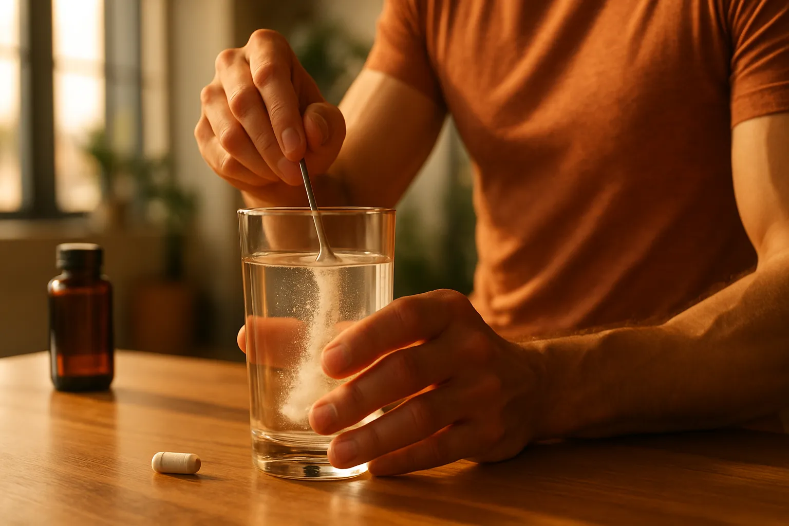 Mãos preparando suplemento de magnésio em pó sendo dissolvido em água para tratamento de deficiência
