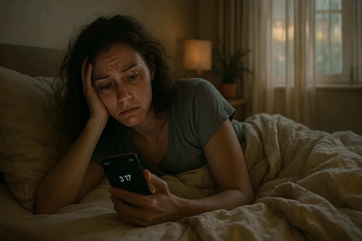 Mulher exausta deitada acordada na cama à noite verificando smartphone mostrando hora tardia, expressão estressada e roupa de cama amassada sugerindo sono inadequado