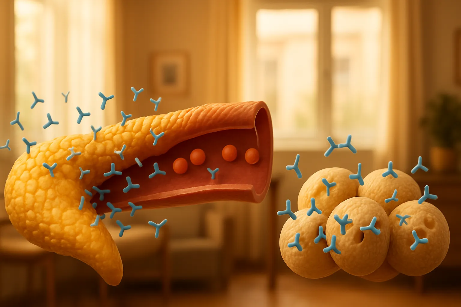Processo de Sobrecarga Pancreática Representação visual do processo de sobrecarga pancreática produzindo excesso de insulina para manter glicose normal, ilustrando resistência celular