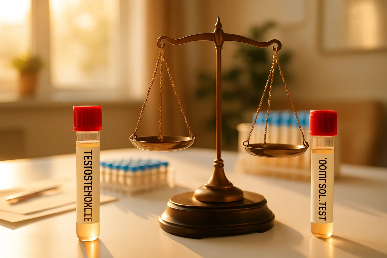 Demonstração de análise de ratios hormonais mostrando amostras de testosterona e cortisol para avaliação do equilíbrio hormonal e estresse crônico