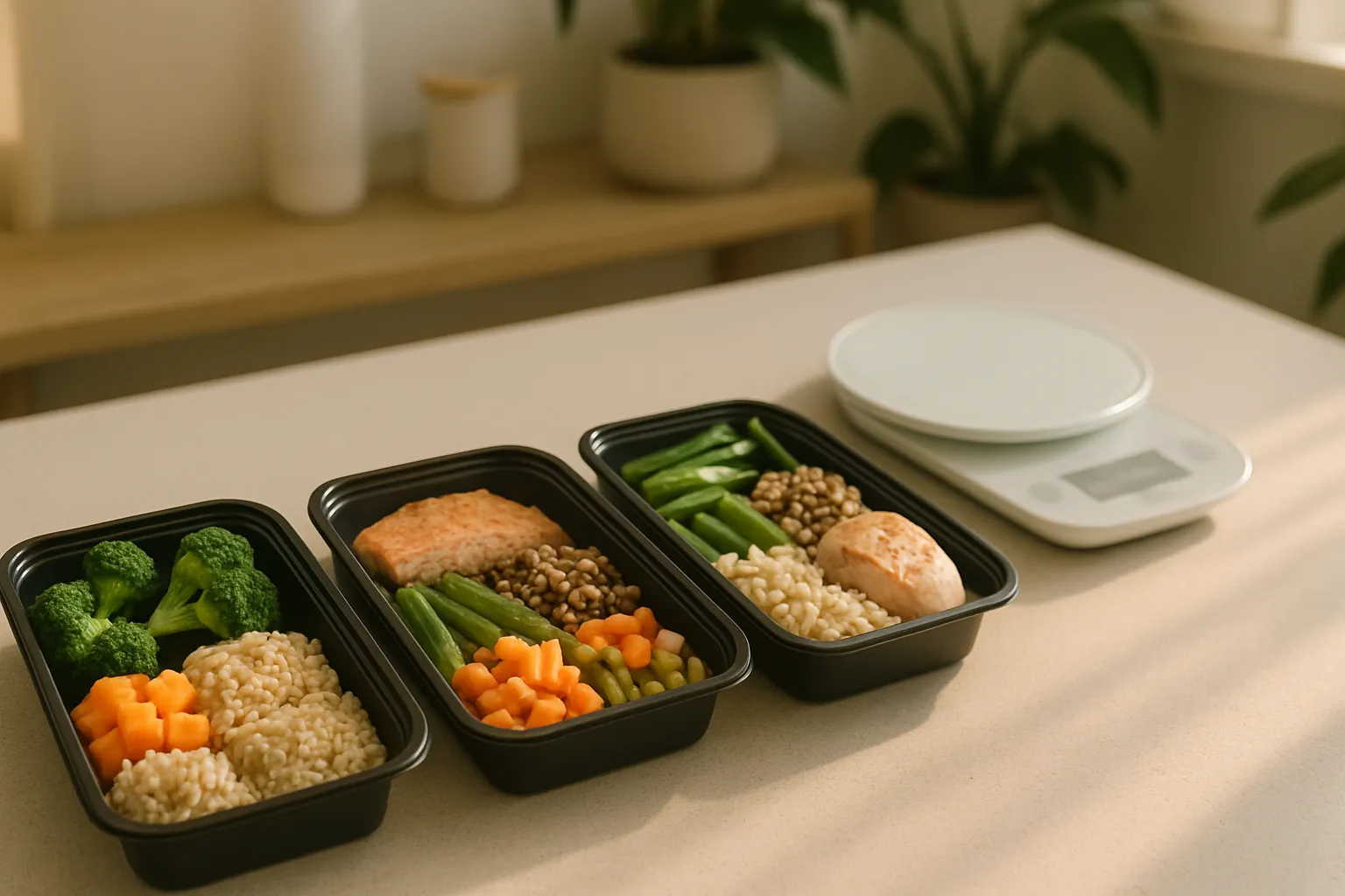Recipientes de refeições saudáveis com porções medidas mostrando esforço de restrição calórica, pequenas porções de proteína magra e vegetais com balança de alimentos