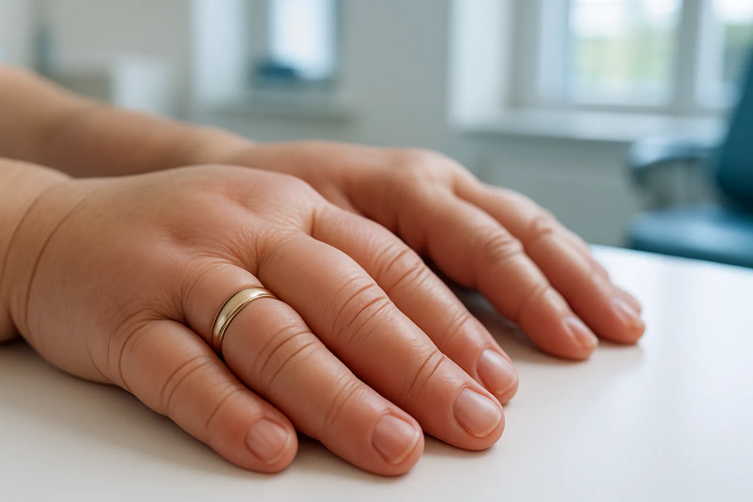 Close-up de mãos femininas inchadas mostrando retenção de líquido hormonal com anel apertado no dedo edemaciado
