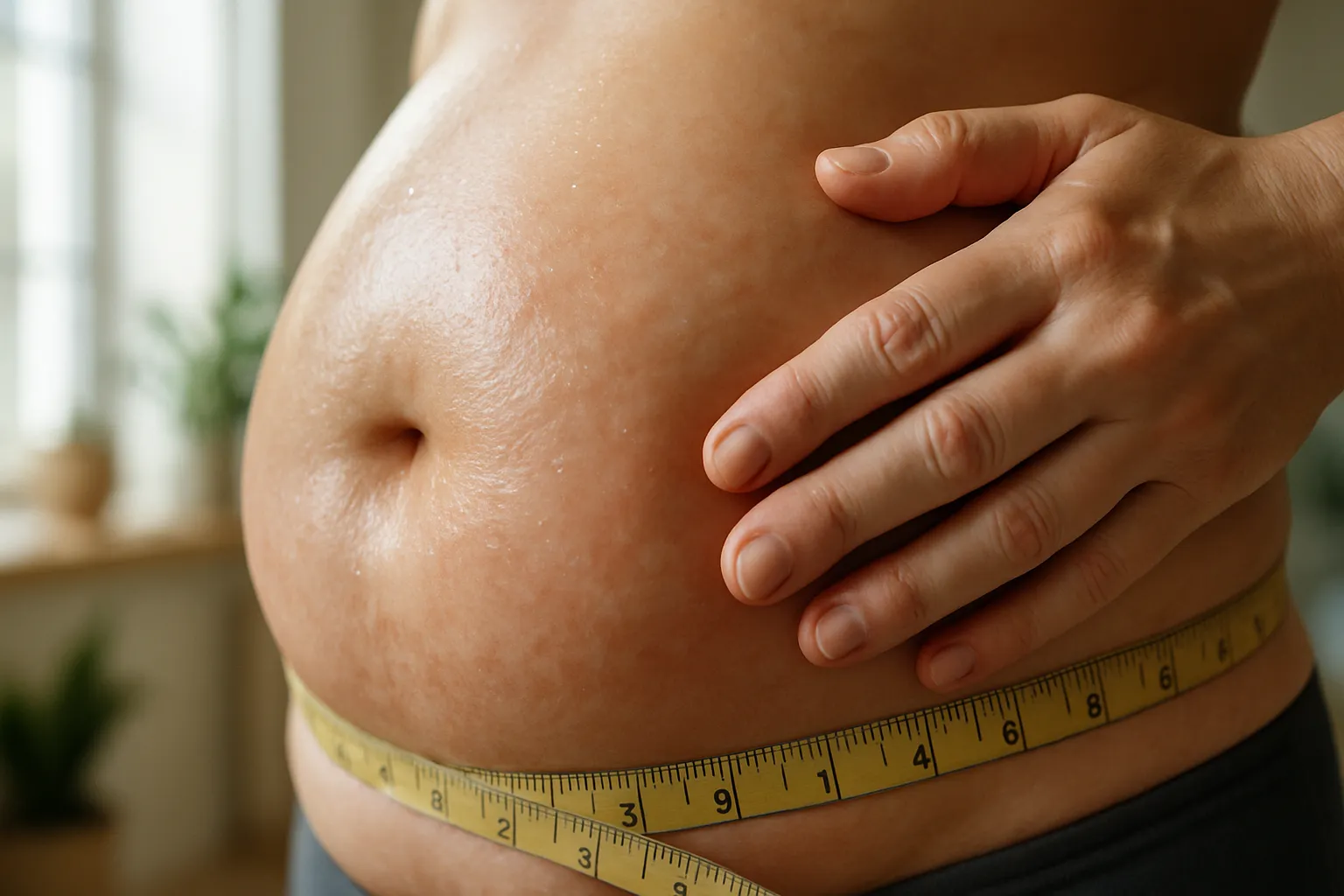 Detalhe de abdômen inchado mostrando retenção de líquido característica da fase lútea do ciclo menstrual