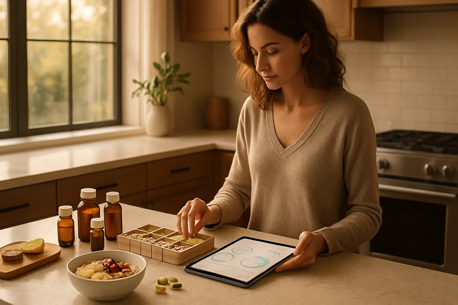 Rotina Matinal Personalizada de Equilíbrio Hormonal Pessoa preparando rotina matinal personalizada com suplementos específicos e café da manhã anti-inflamatório, representando abordagem individualizada ao equilíbrio hormonal