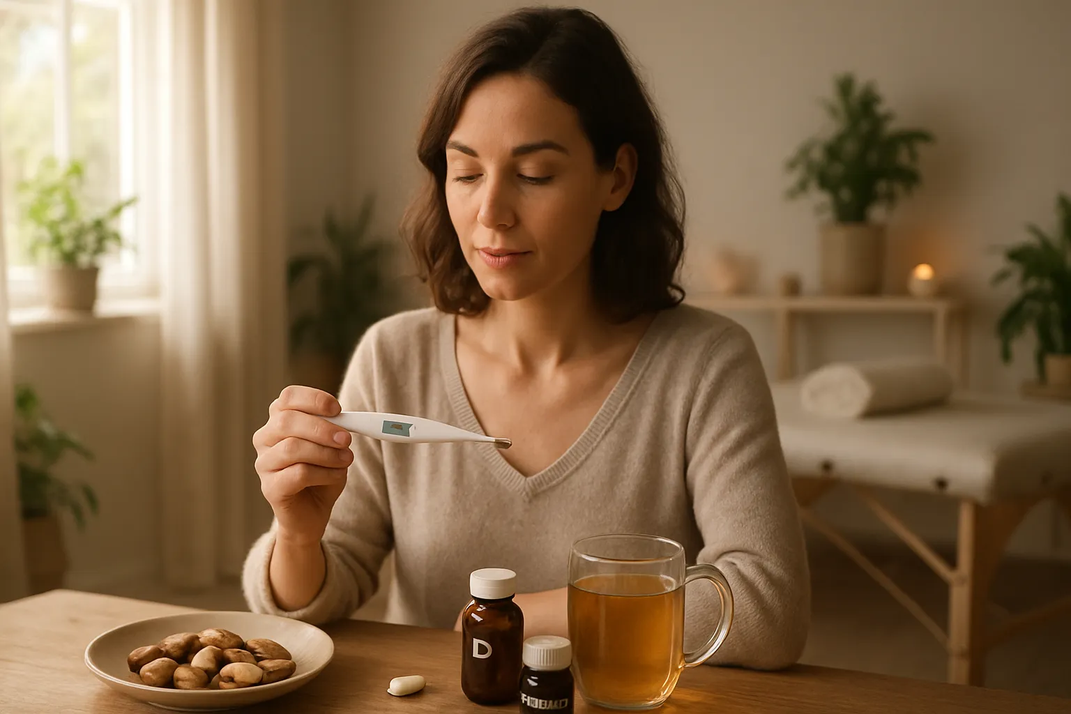 Rotina matinal de suporte à tireoide: medição de temperatura basal, castanhas-do-pará para selênio, suplementos de vitamina D, probióticos e chá anti-inflamatório