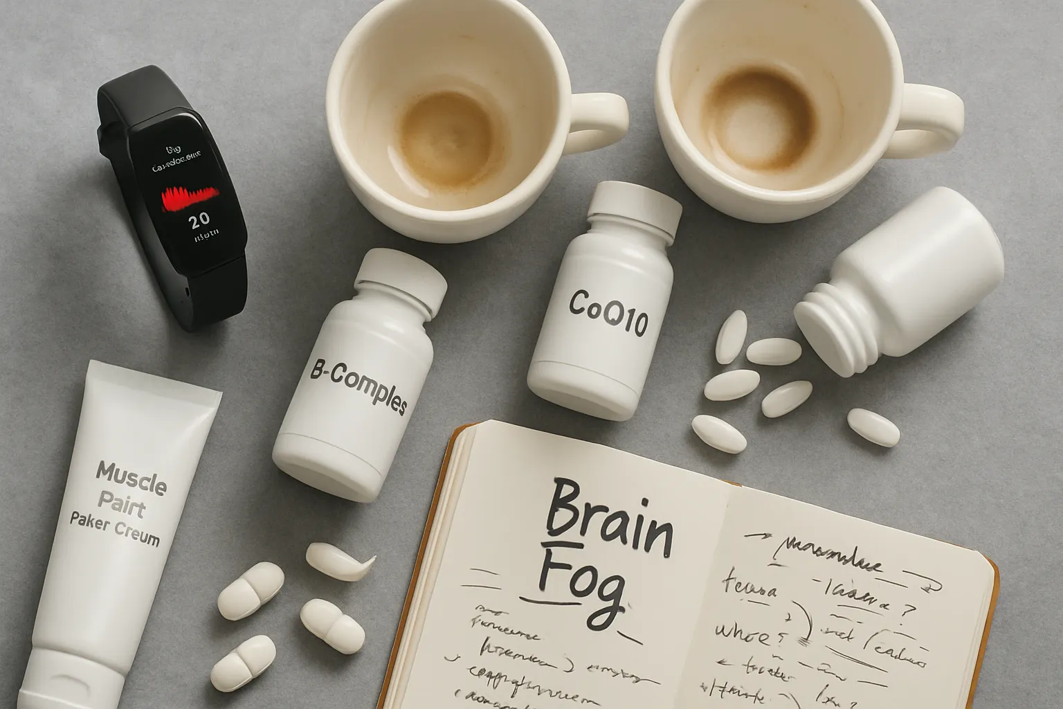 Sinais Corporais de Fadiga Mitocondrial Composição plana mostrando indicadores de fadiga crônica incluindo rastreador fitness, suplementos para energia mitocondrial como CoQ10 e complexo B, representando sinais de disfunção das usinas celulares
