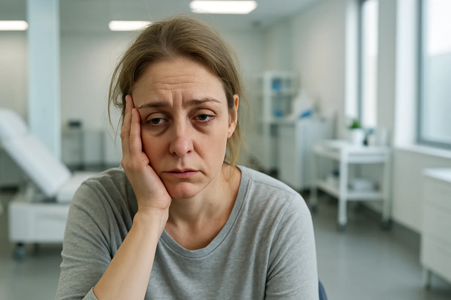 Pessoa demonstrando sinais visíveis de fadiga crônica e estresse relacionados ao cortisol elevado, incluindo cansaço facial e sintomas de desregulação hormonal