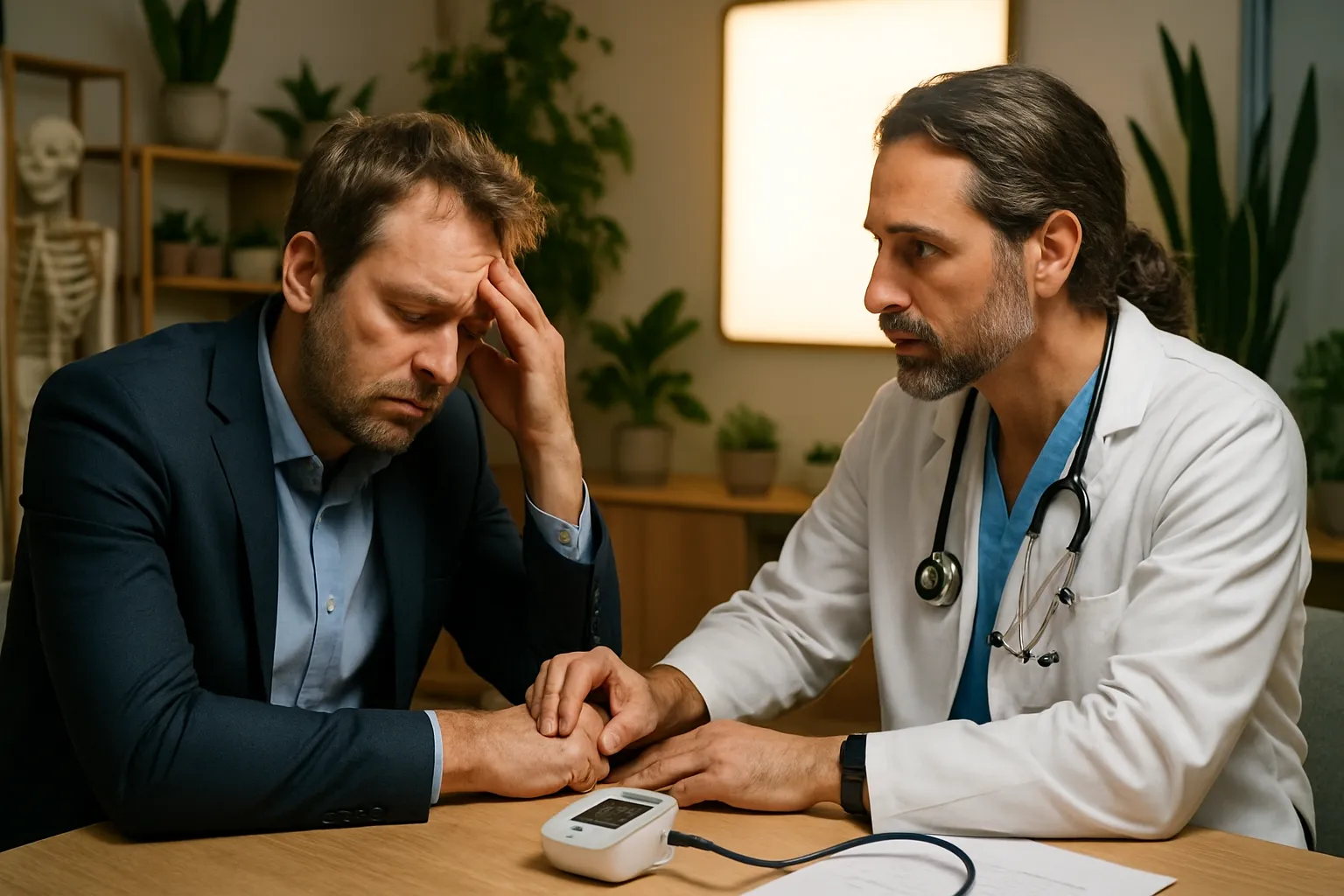 Profissional de saúde avaliando paciente com sinais visíveis de esgotamento profissional durante consulta sobre burnout