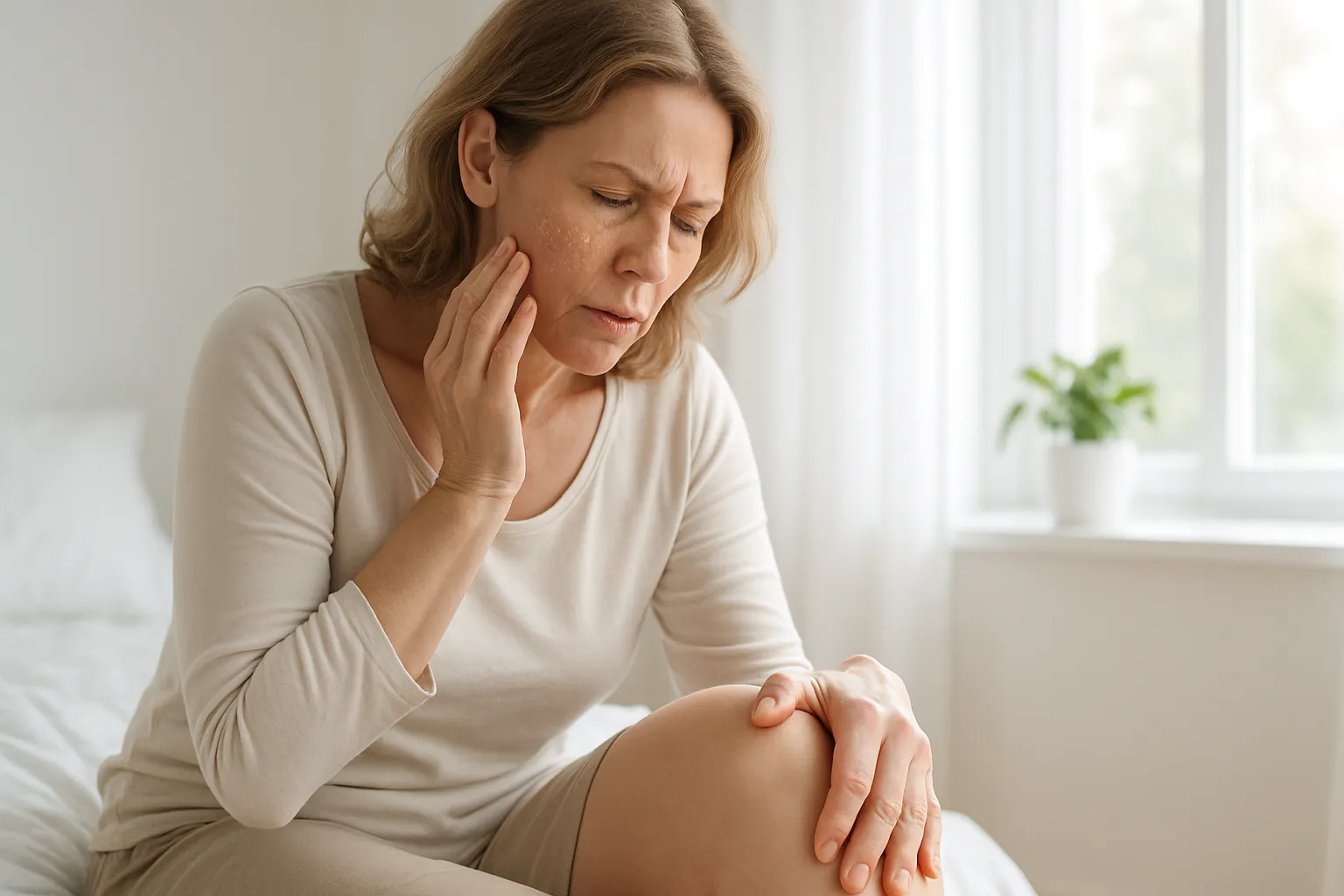 Sinais Físicos de Inflamação Crônica por Desequilíbrio Mulher observando sinais de inflamação crônica na pele e articulações causados por desequilíbrio de ômega-3 e ômega-6