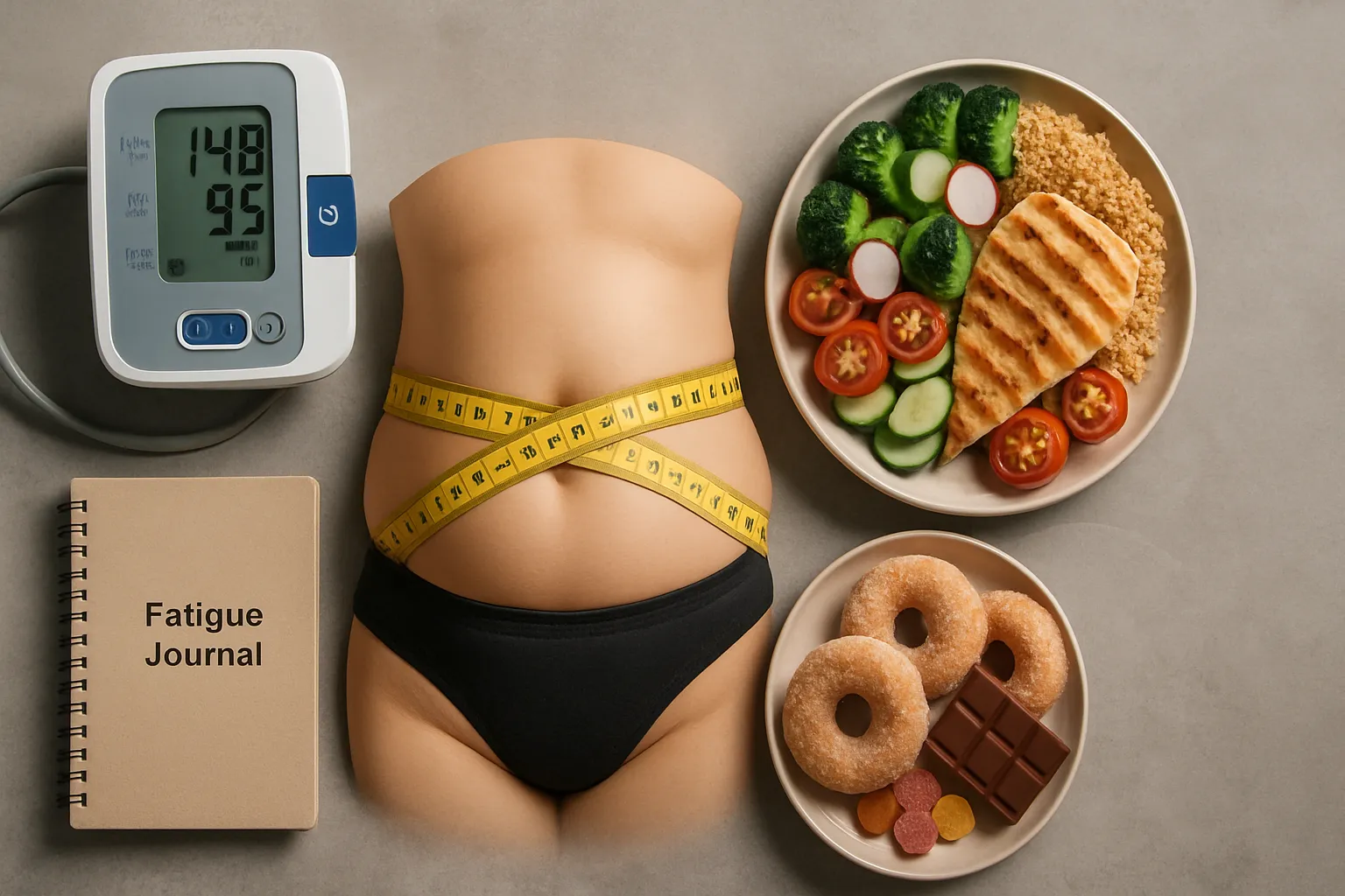 Composição visual dos principais sinais de resistência insulínica: monitor de pressão arterial, fita métrica abdominal, alimentos saudáveis e compulsivos, diário de fadiga