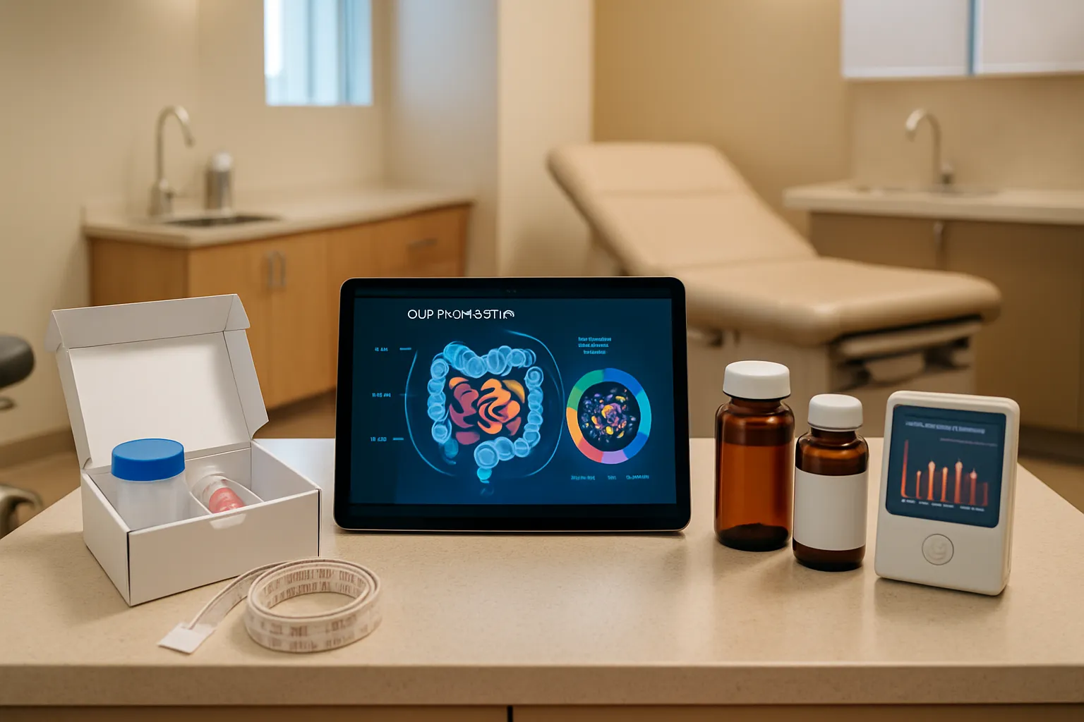 Sala de exames especializada em saúde digestiva com ferramentas para diagnóstico de disbiose intestinal e marcadores inflamatórios