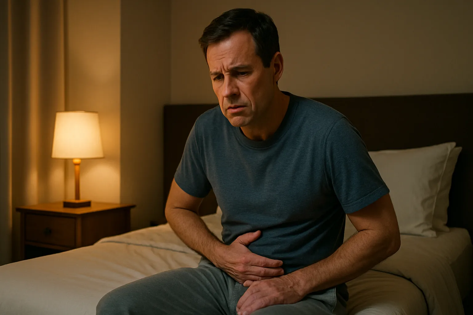 Homem de meia-idade demonstrando desconforto na região pélvica sentado na beira da cama à noite, evidenciando sintomas de inflamação prostática
