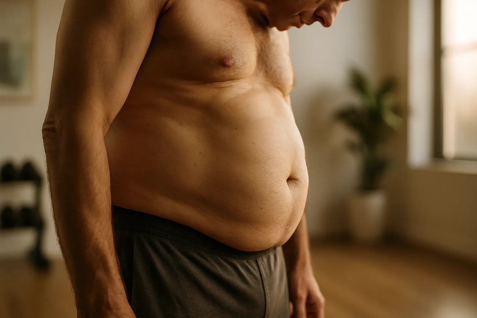 Sintomas Físicos de Testosterona Baixa Sintomas físicos de testosterona baixa incluindo acúmulo de gordura abdominal e perda de massa muscular