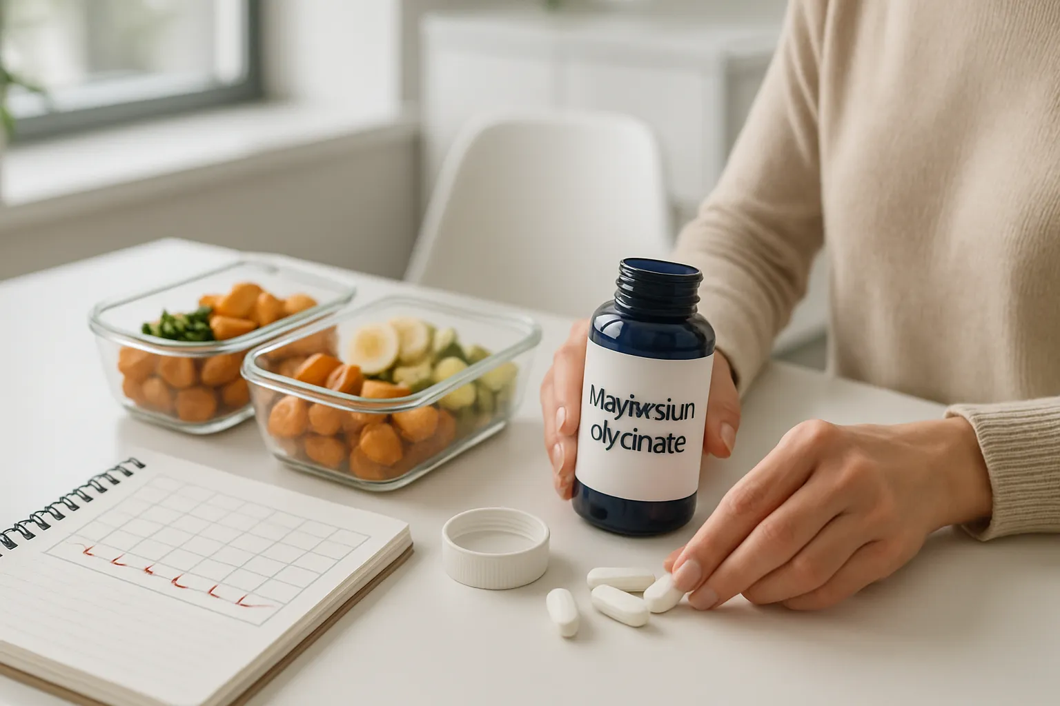 Implementação Estratégica de Minerais no Ciclo Mãos femininas preparando protocolo de suplementação mineral para fase lútea com magnésio, alimentos ricos em potássio e diário de ciclo menstrual