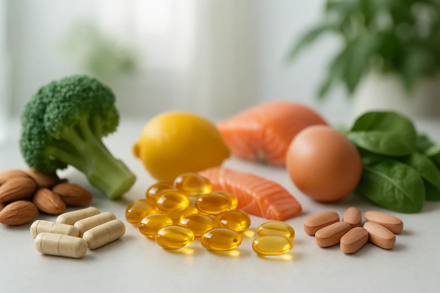 Suplementos para Ansiedade e Deficiências Nutricionais Arranjo detalhado de suplementos de magnésio, ômega-3 e vitaminas do complexo B com alimentos naturais, mostrando terapia nutricional para ansiedade
