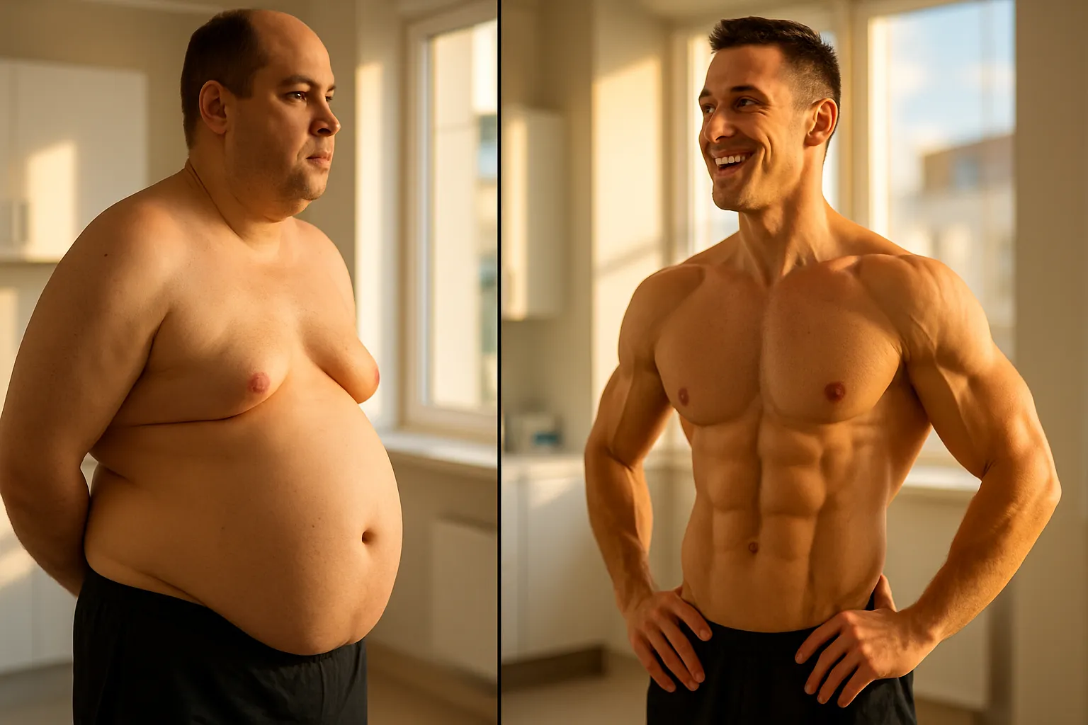 Comparação visual antes e depois mostrando transformação corporal masculina após controle da aromatase elevada, com redução de gordura abdominal e ginecomastia