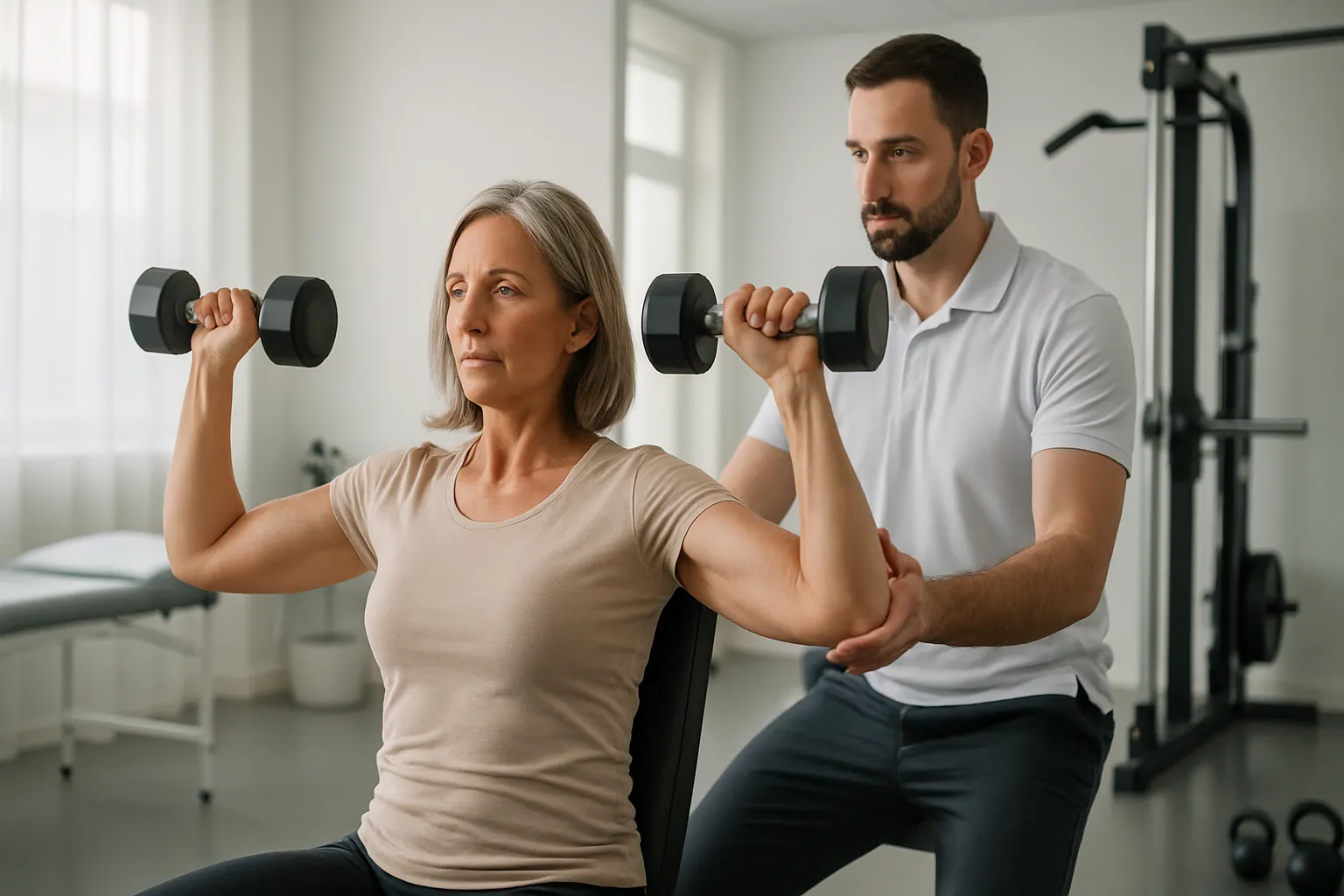 Cliente realizando treino de força com halteres para recuperar massa muscular e reativar metabolismo em ambiente médico