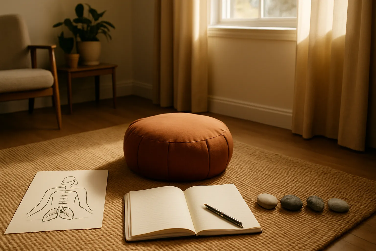 Ambiente preparado para exercícios de presença e autoconhecimento com almofada de meditação e ferramentas de mindfulness