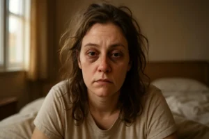 Mulher acordando com expressão de exaustão crônica mostrando sinais visíveis de cansaço apesar de ter dormido a noite toda