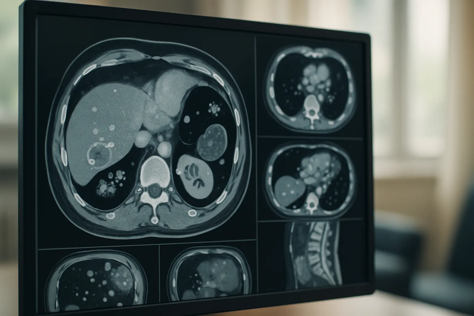 Imagens de Ressonância Mostrando Achados Incidentais Detalhe de imagens de ressonância magnética em monitor médico de alta resolução mostrando cortes anatômicos com pequenos achados incidentais