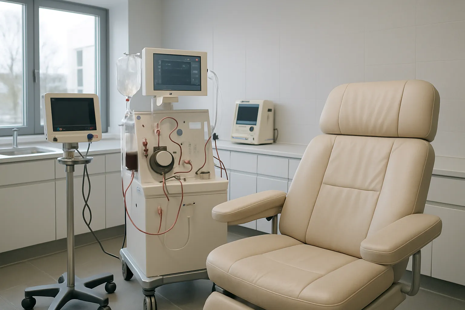 Sala de tratamento moderna equipada com máquina de plasmaférese terapêutica e equipamentos de monitoramento em clínica contemporânea