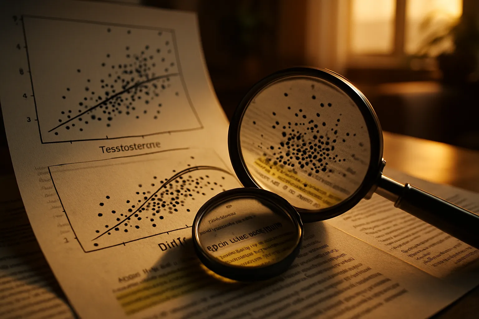 Análise de Correlação Hormonal Detalhe macro de gráficos científicos mostrando padrões de correlação entre testosterona e DHT em estudos hormonais