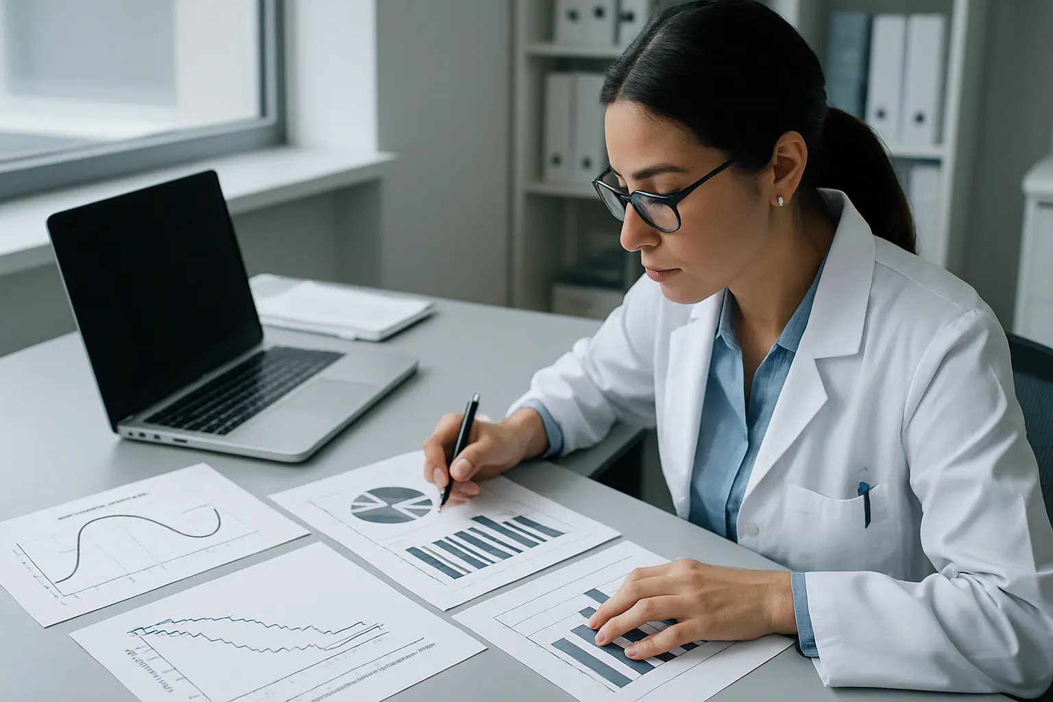 Análise de Dados de Pesquisa em Cronoterapia Pesquisador analisando gráficos de ritmo circadiano e dados de estudos clínicos sobre cronoterapia oncológica, representando a análise científica heterogênea dos resultados