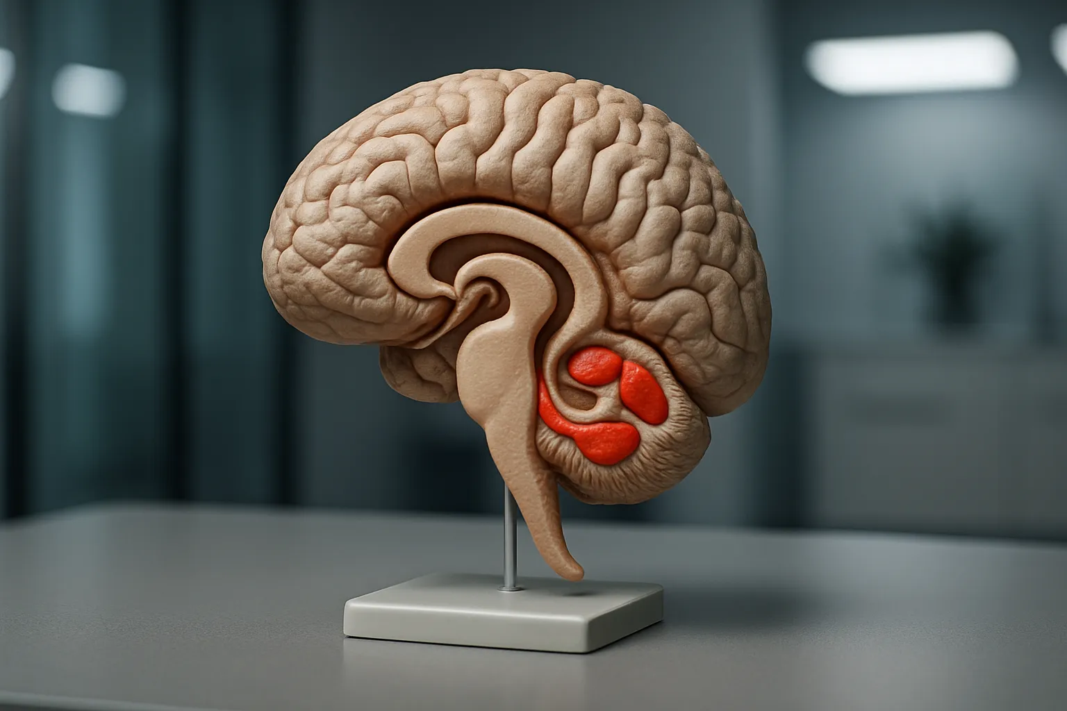 Modelo anatômico tridimensional do hipocampo cerebral mostrando sua estrutura em forma de cavalo-marinho e localização no lobo temporal