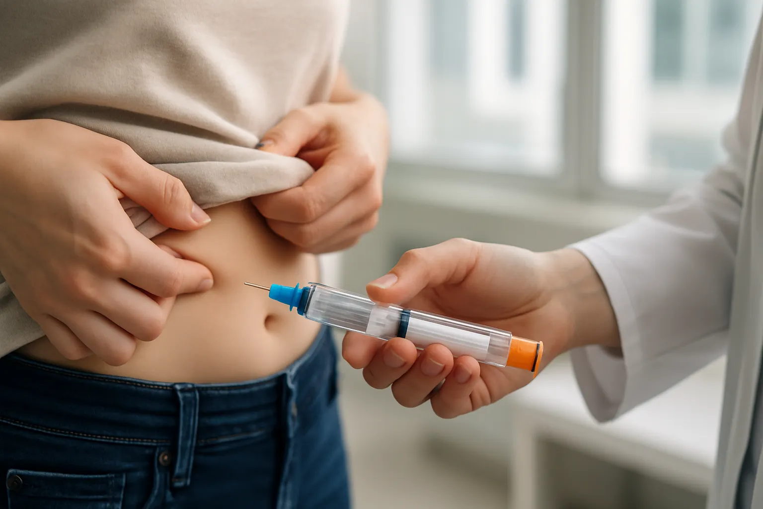Demonstração da técnica de aplicação subcutânea de medicação injetável para tratamento de desejo sexual hipoativo