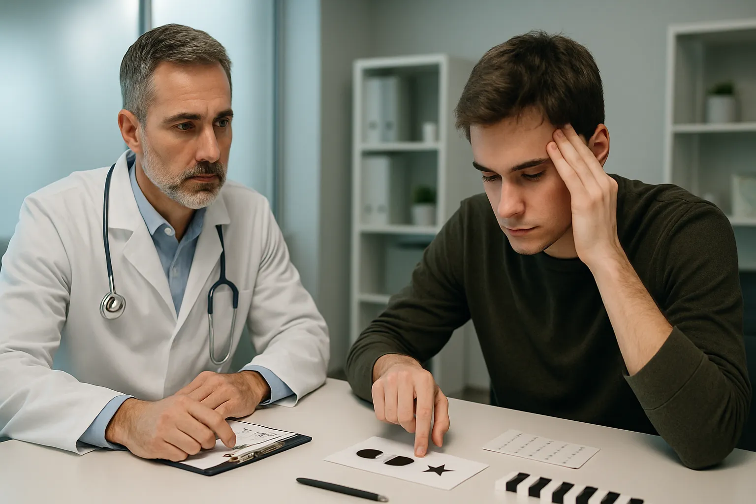 Paciente realizando avaliação de função cognitiva com médico especialista em clínica contemporânea