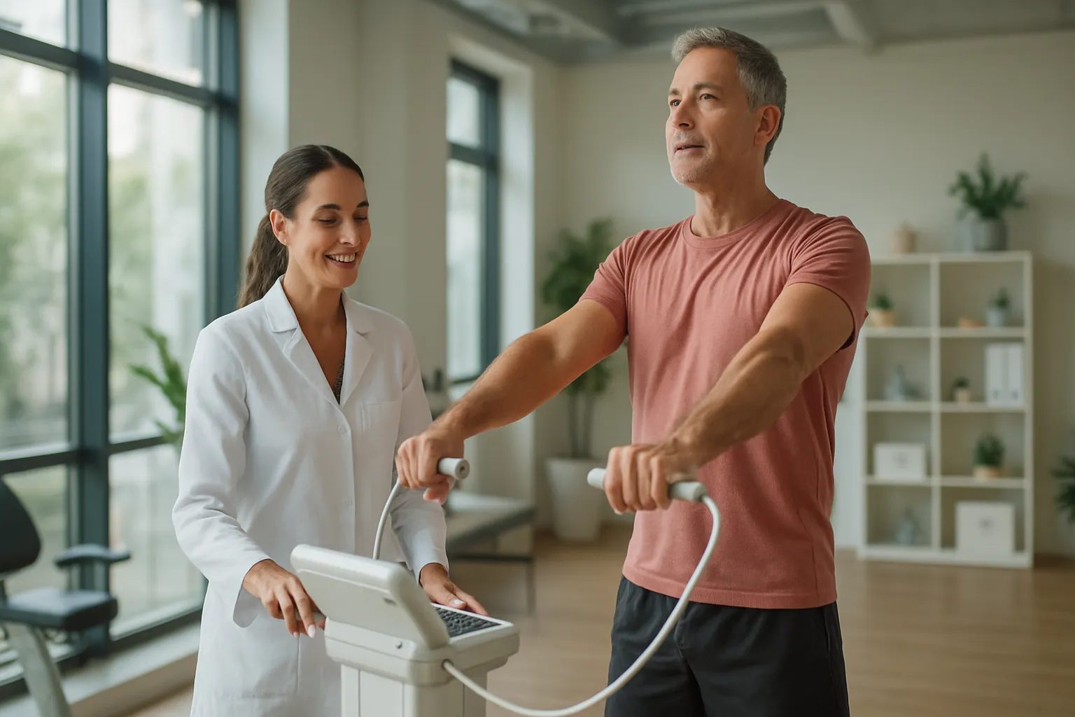 Profissional de saúde avaliando composição corporal e massa muscular com dispositivo de bioimpedância em pessoa de meia-idade, verificando risco de sarcopenia