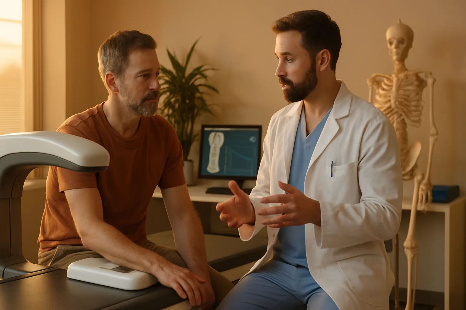 Paciente masculino realizando avaliação de densidade óssea em ambiente clínico moderno, procedimento relacionado ao monitoramento de saúde hormonal e prevenção de osteoporose