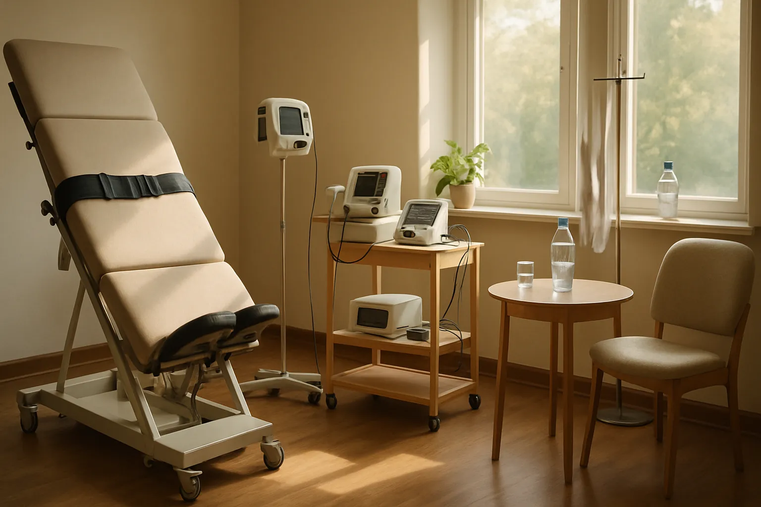 Área especializada para avaliação de disautonomia com equipamentos de teste postural, monitor de pressão arterial, dispositivo de variabilidade cardíaca e meias de compressão em sala de tratamento holístico iluminada naturalmente