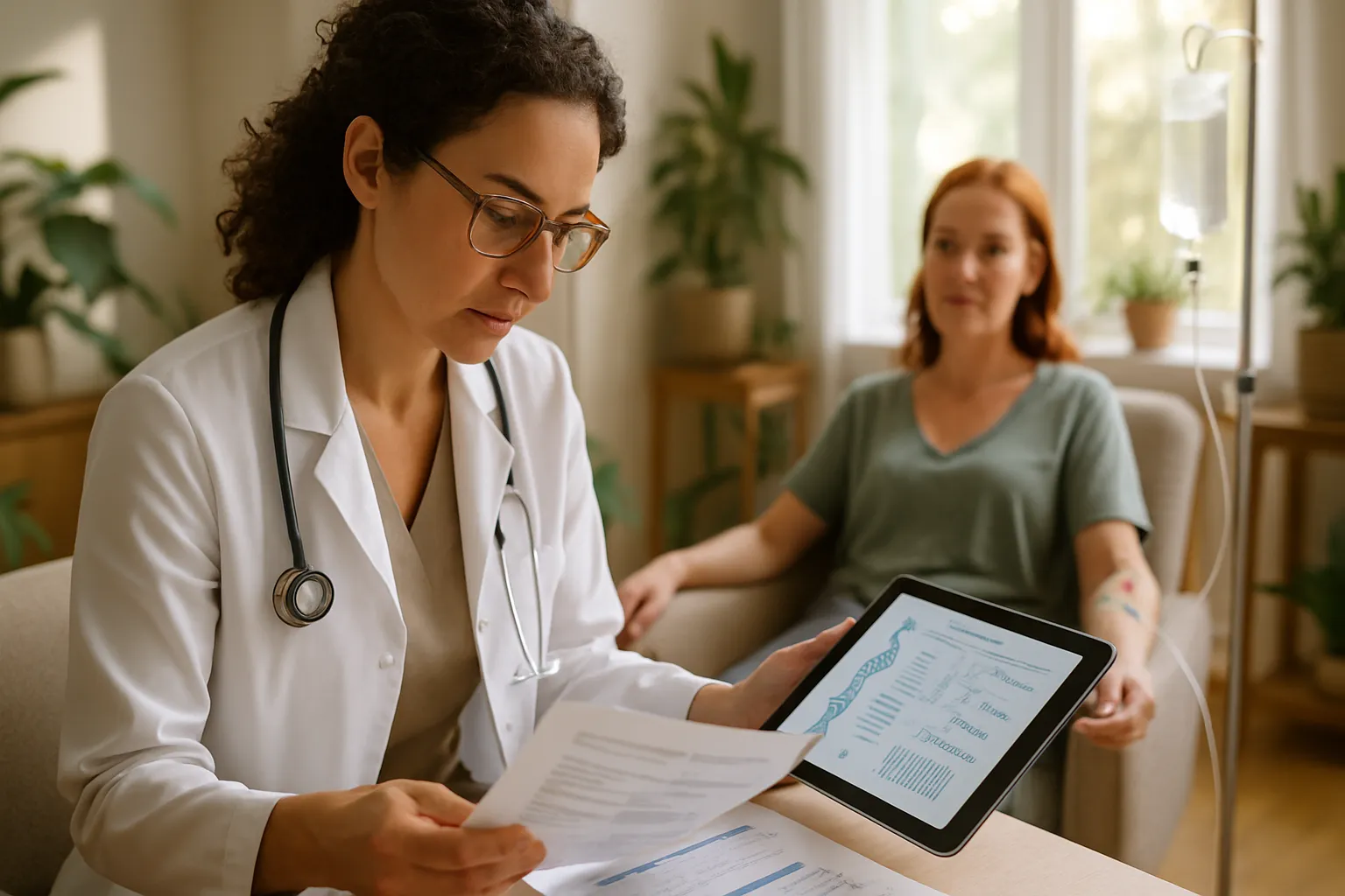 Demonstração de avaliação médica pré-infusão para segurança Médico realizando avaliação criteriosa de histórico médico e triagem de interações medicamentosas antes de protocolo intravenoso