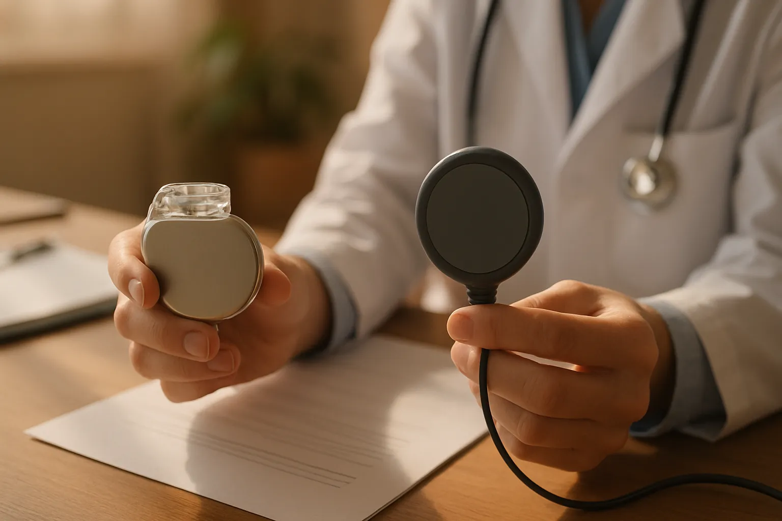 Profissional de saúde avaliando compatibilidade entre marca-passo cardíaco e dispositivo de terapia PEMF, demonstrando processo de verificação de segurança