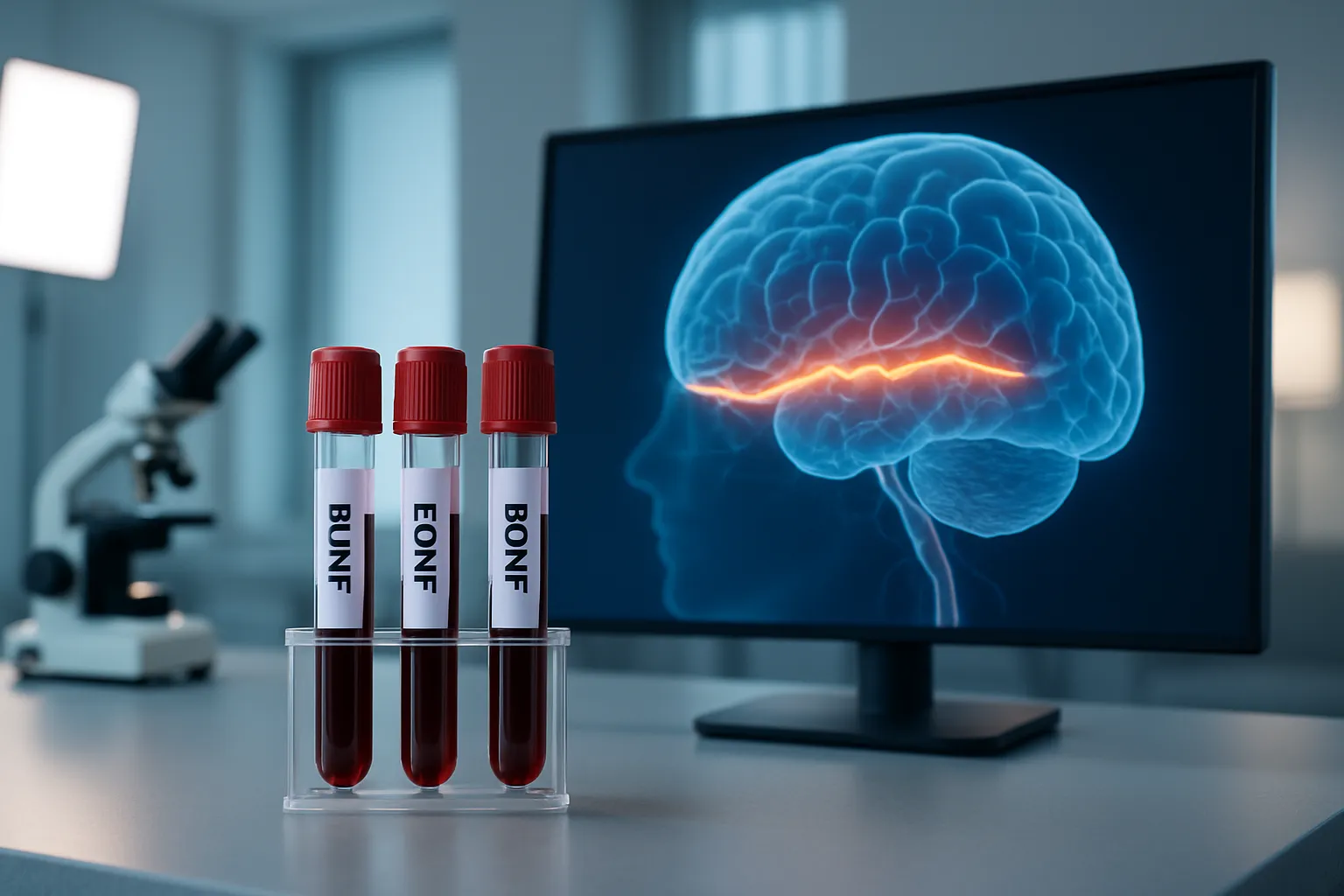 Tubos de coleta para teste de BDNF no sangue ilustrando a diferença entre medição periférica e atividade cerebral