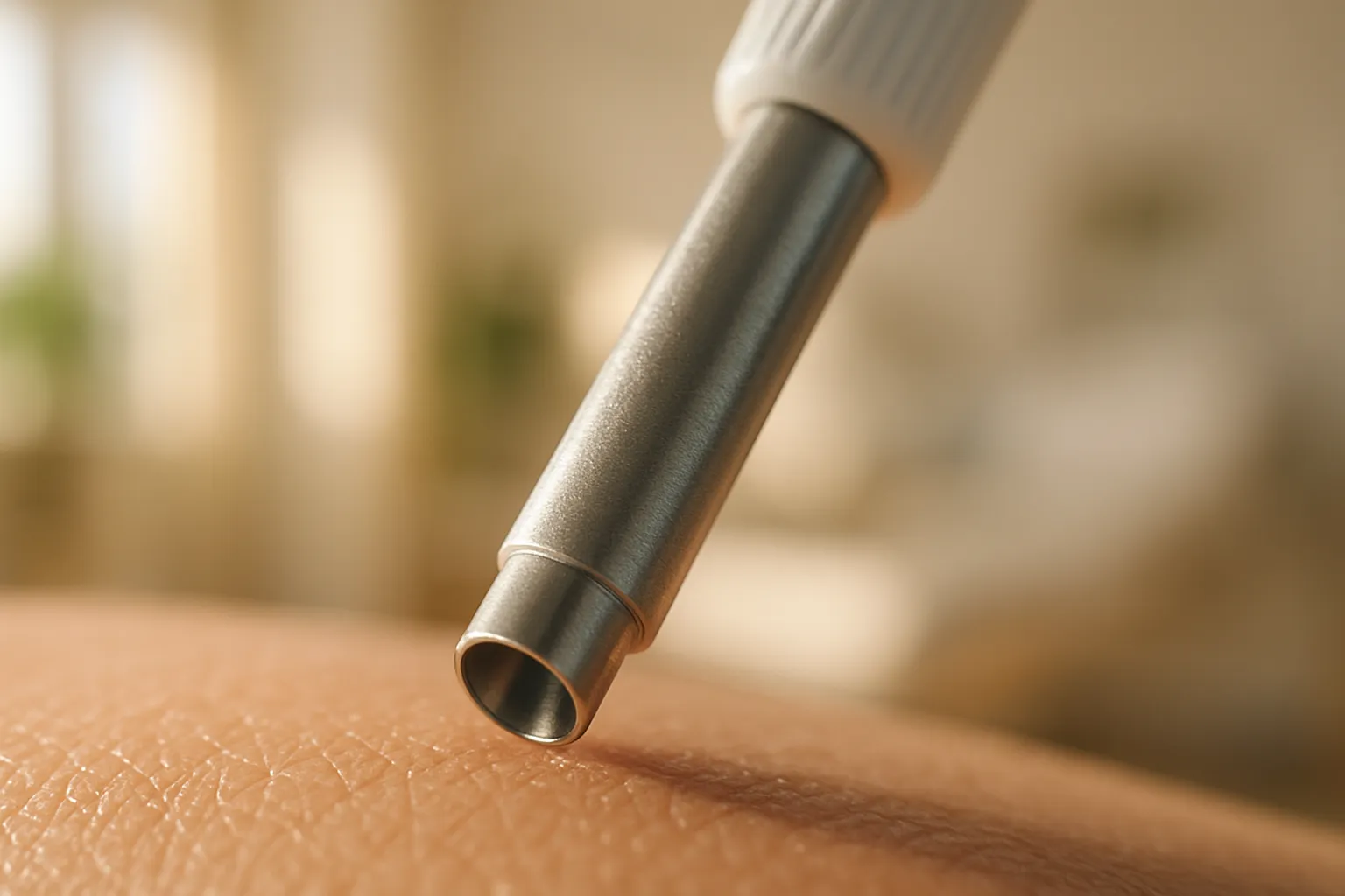 Detalhe macro de ferramenta de biópsia de pele utilizada para teste de densidade de fibras nervosas intraepidérmicas no diagnóstico de fibromialgia