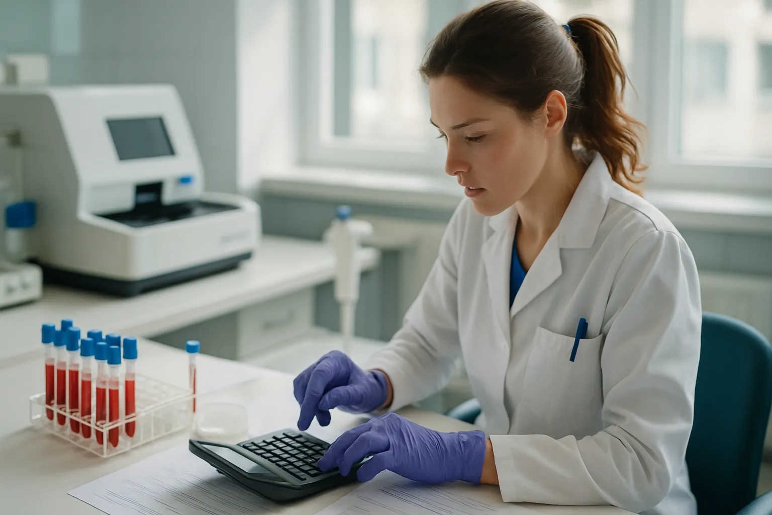 Técnico de laboratório calculando razão entre IGF-1 e IGFBP-3 com tubos de ensaio e equipamento de análise hormonal em laboratório clínico moderno