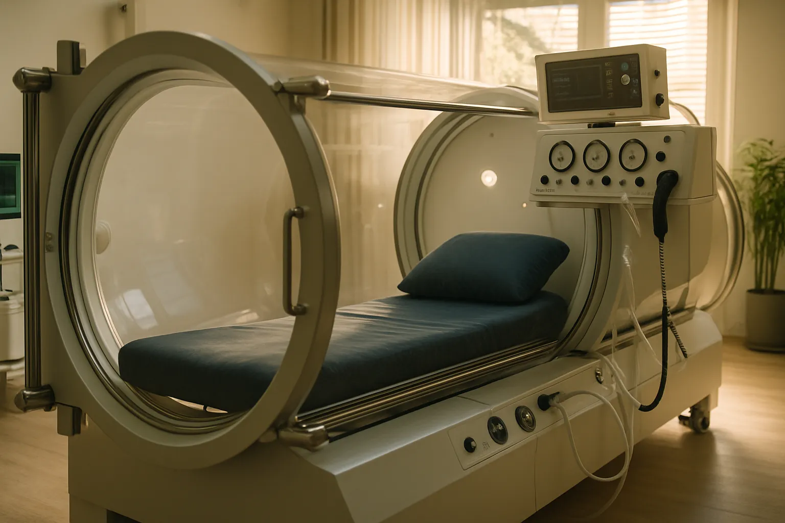 Interior de câmara de oxigenoterapia hiperbárica utilizada em estudos investigacionais para tratamento de fibromialgia
