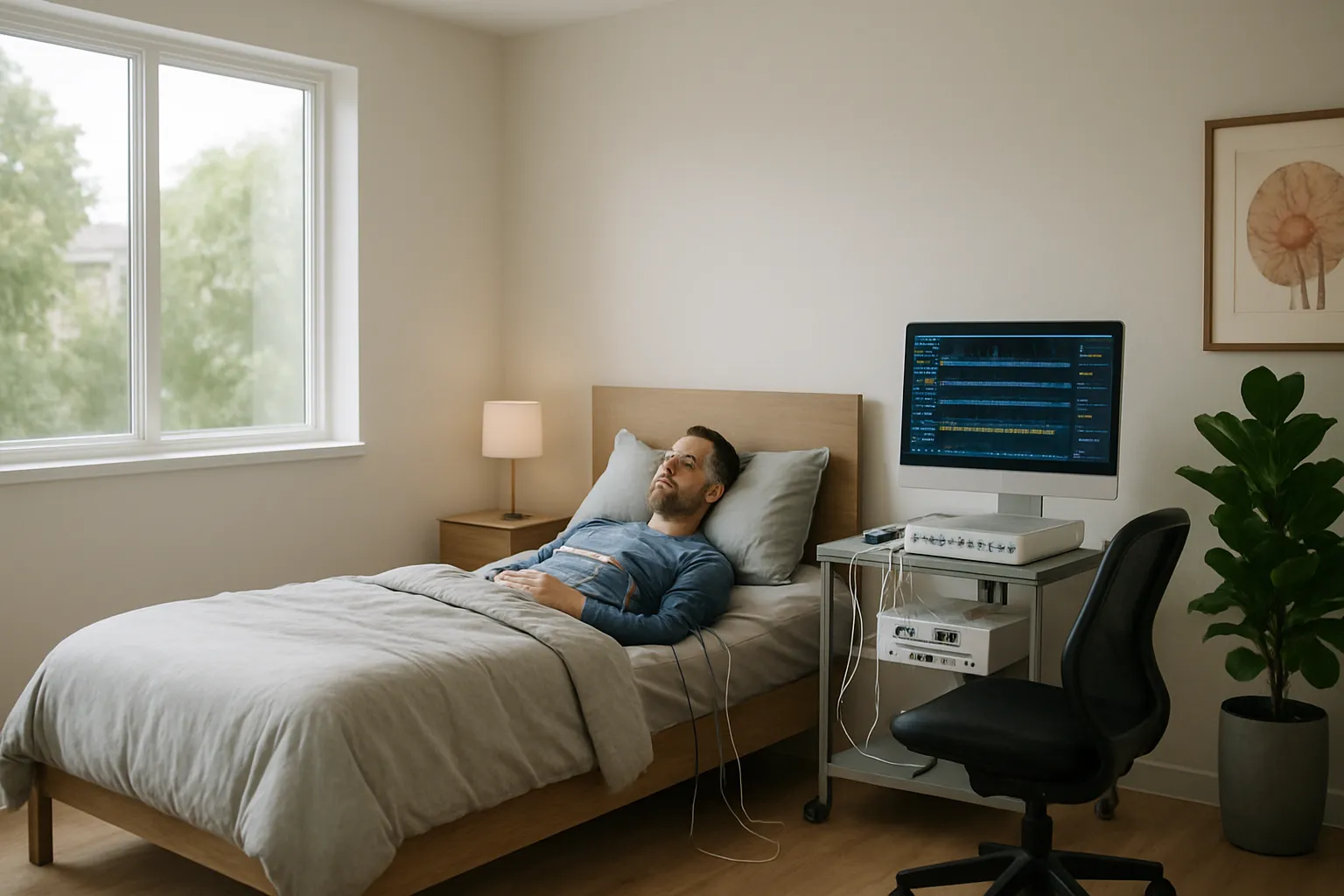 Ambiente de clínica especializada em transtornos do sono relacionados à ansiedade com equipamentos de monitoramento e atmosfera terapêutica