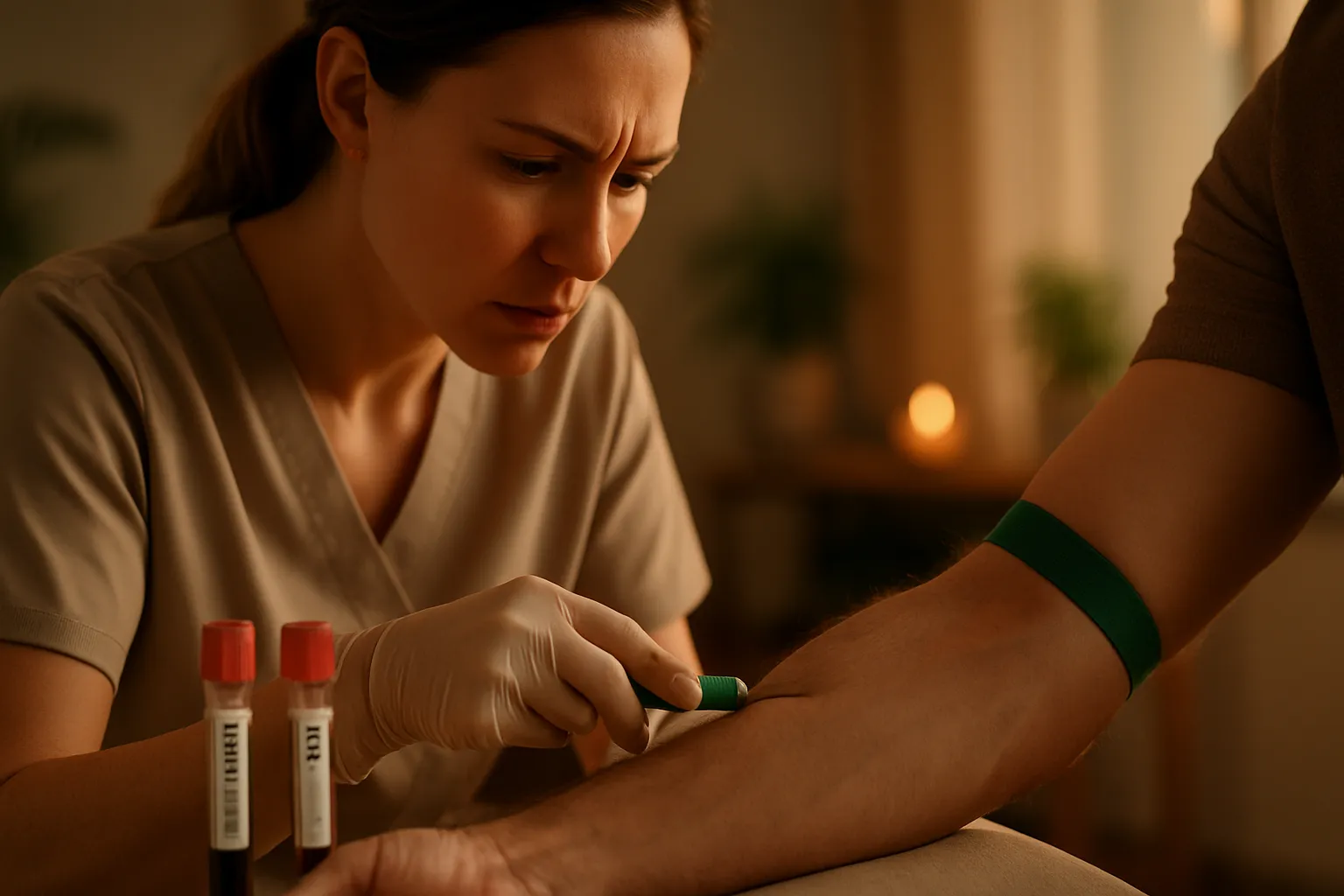 Profissional de saúde coletando amostra de sangue para exame de testosterona e DHT, demonstrando o processo de avaliação hormonal masculina
