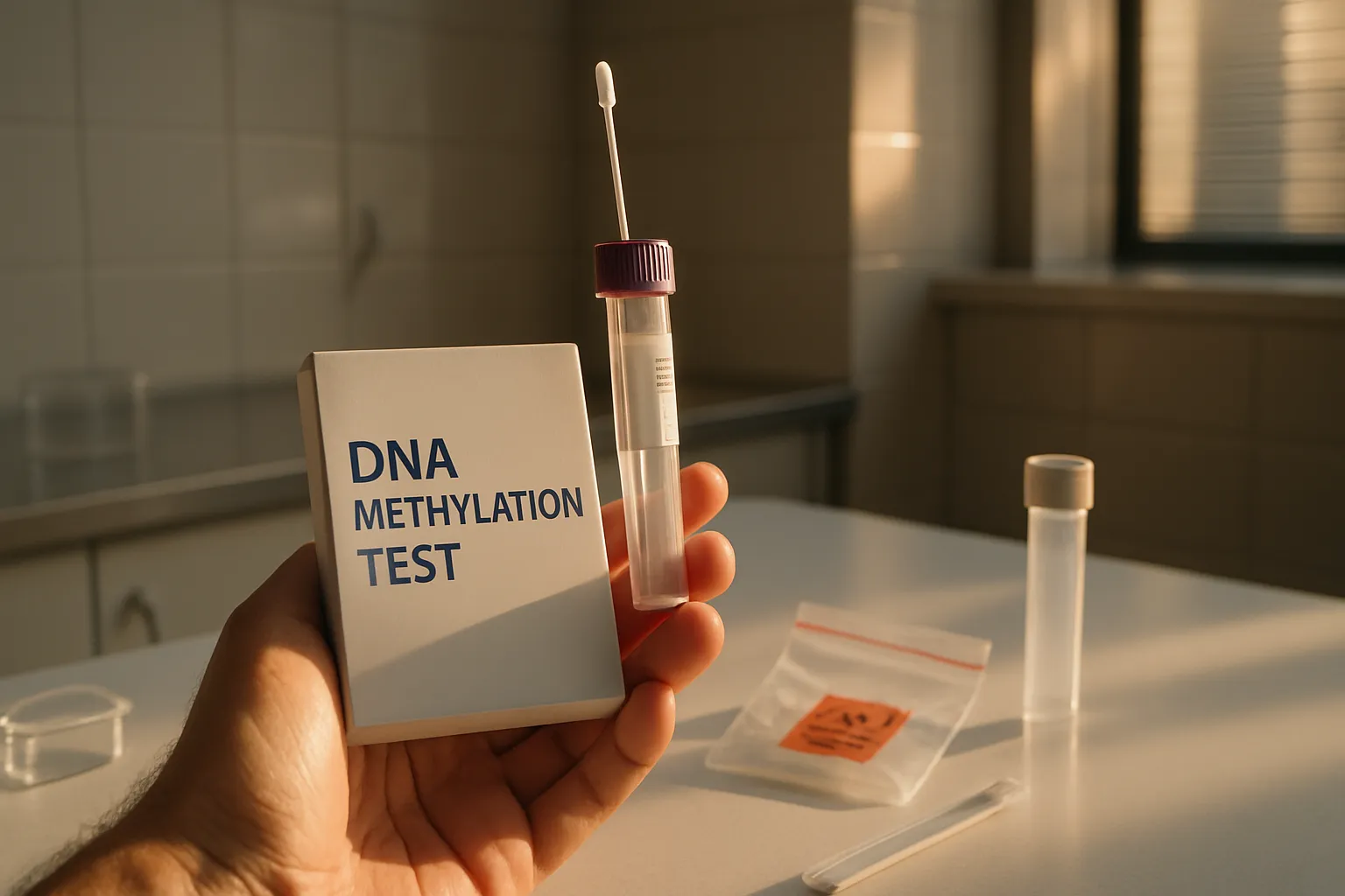 Mão segurando kit de coleta para teste de metilação do DNA e idade epigenética em ambiente clínico profissional
